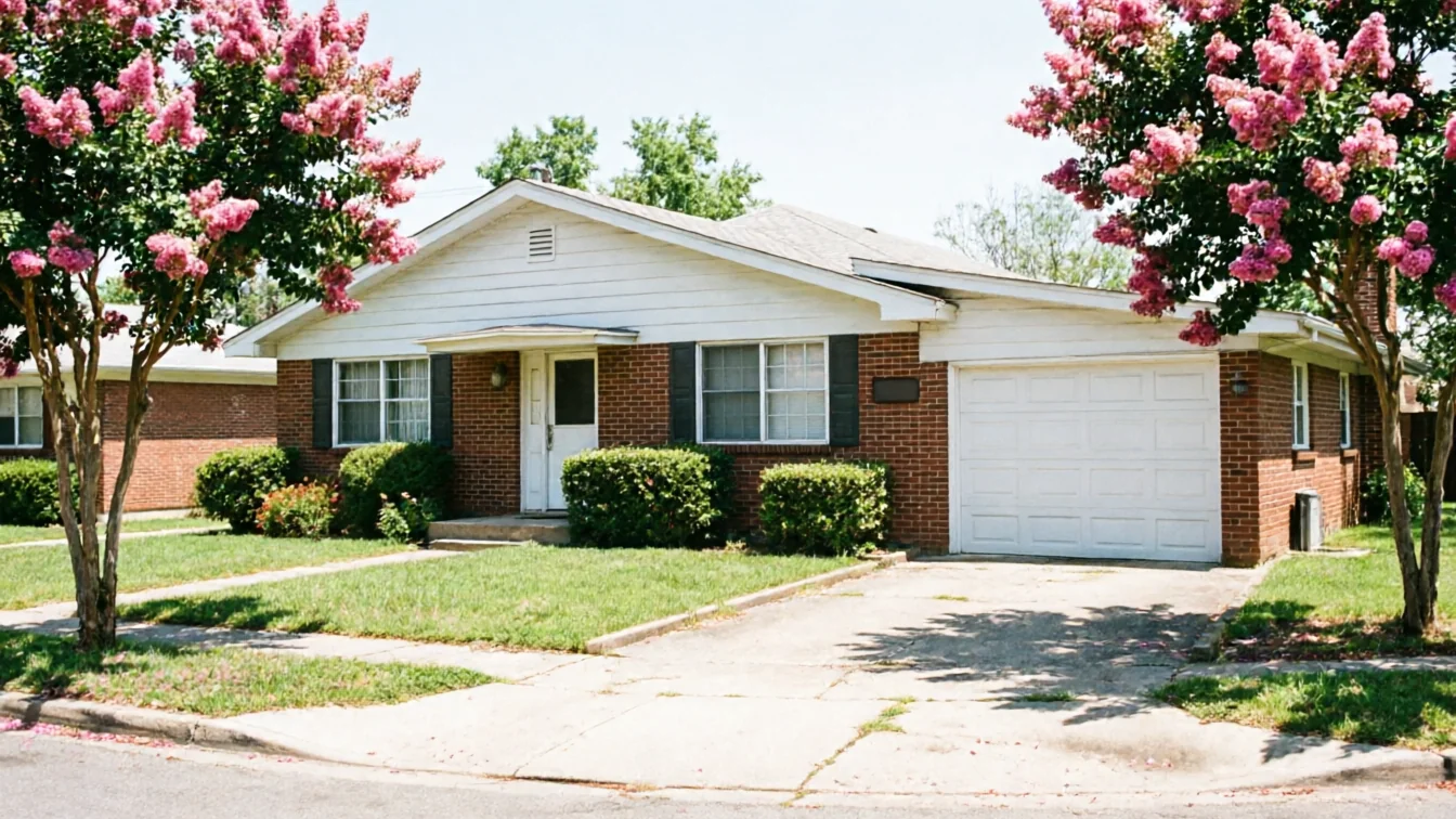 A white paneled garage door is on a brick house with pink flowering trees.