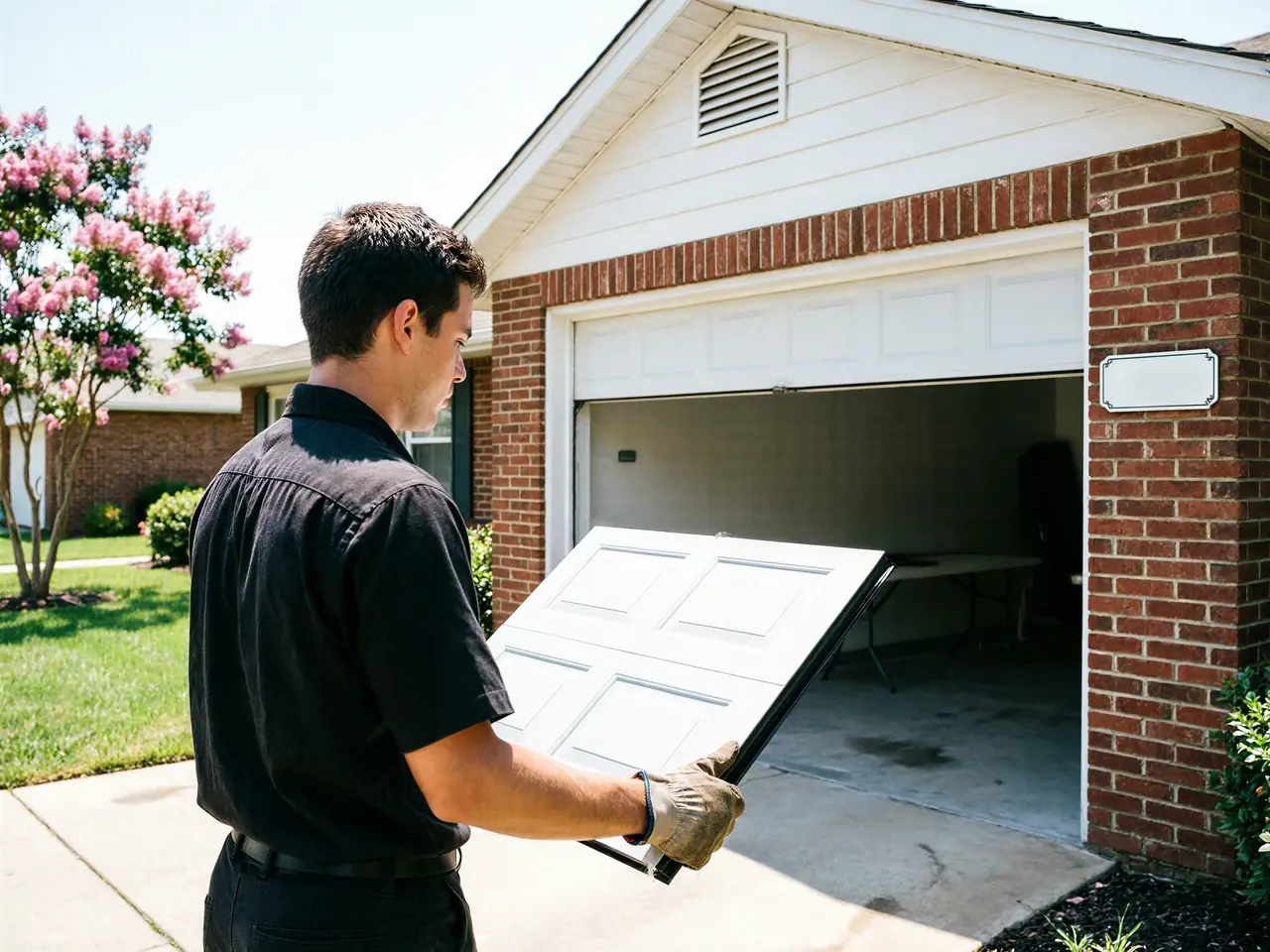 A technician carries a white garage door panel toward an open garage.