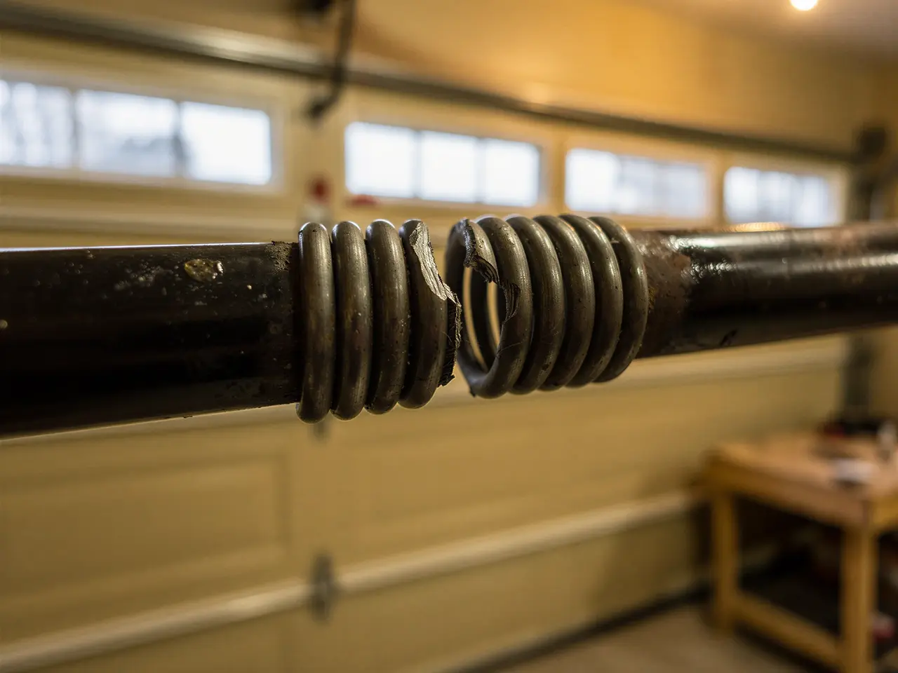A broken torsion spring is on a metal rod in front of a garage door.